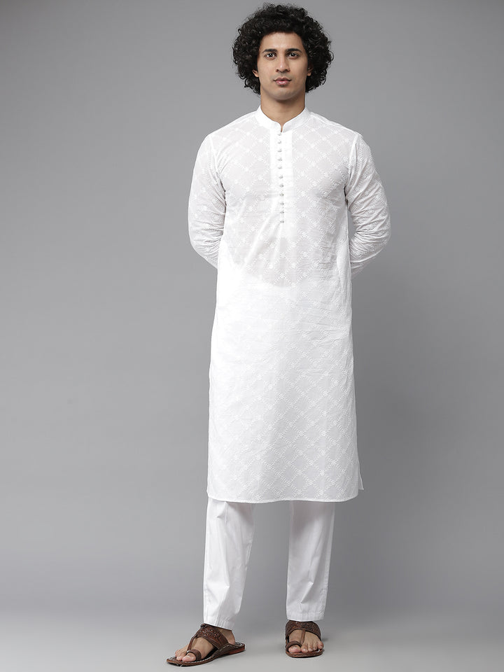 Men White Chikankari Embroidered Straight Kurta With Pyjama