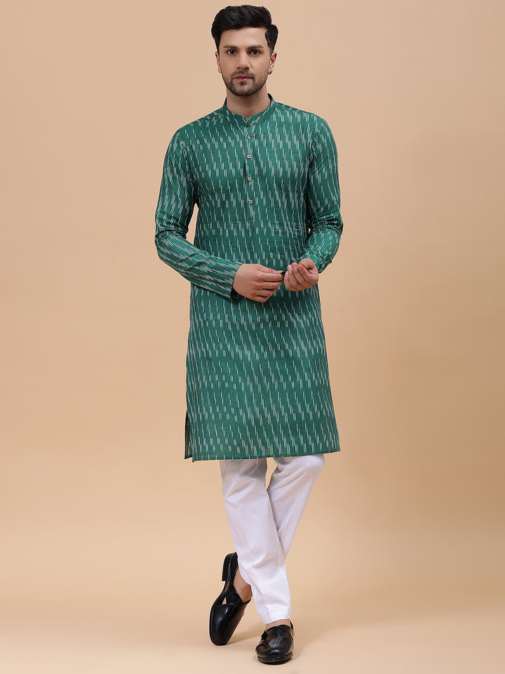 Men Green & White Pure Cotton Printed Straight Kurta