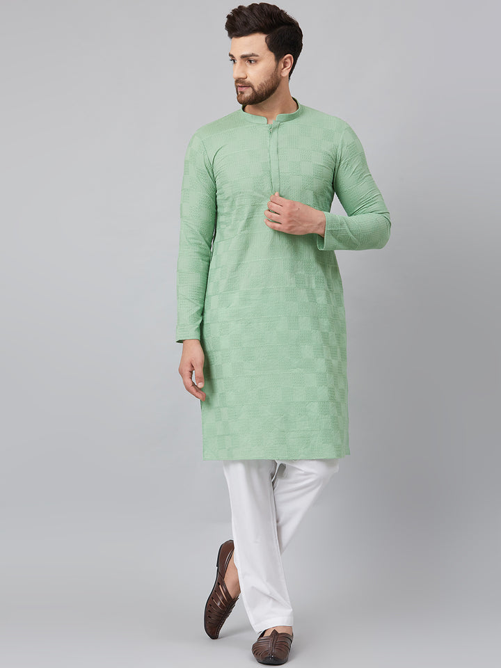 Men Green Chikankari Embroidered Woven Design Straight Kurta With Pyjama