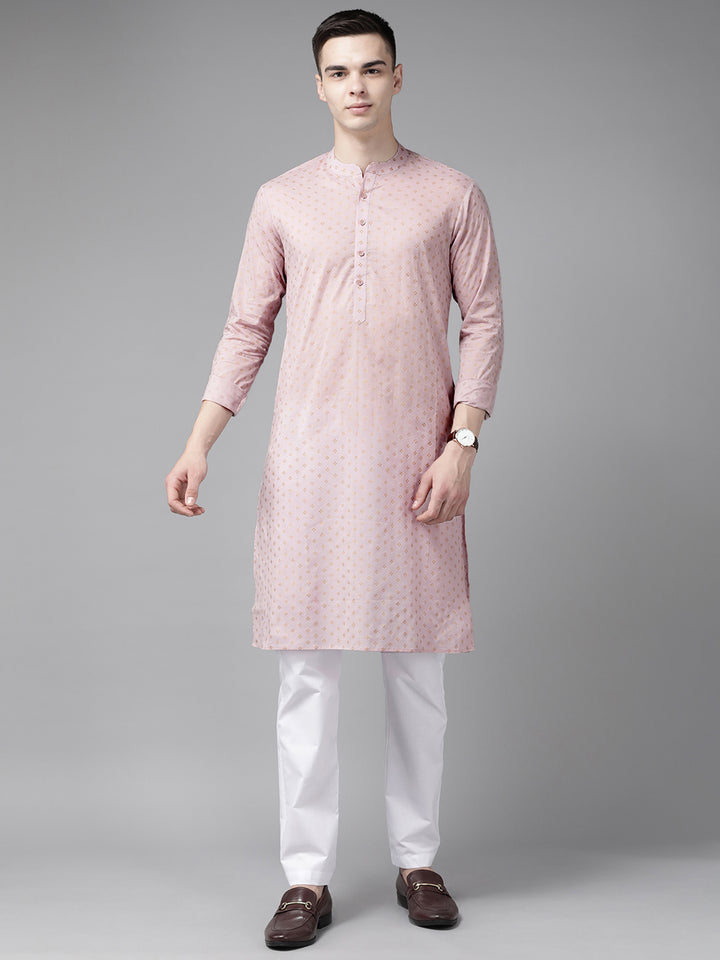 Men Pink & Gold Printed Straight Kurta With Pyjama