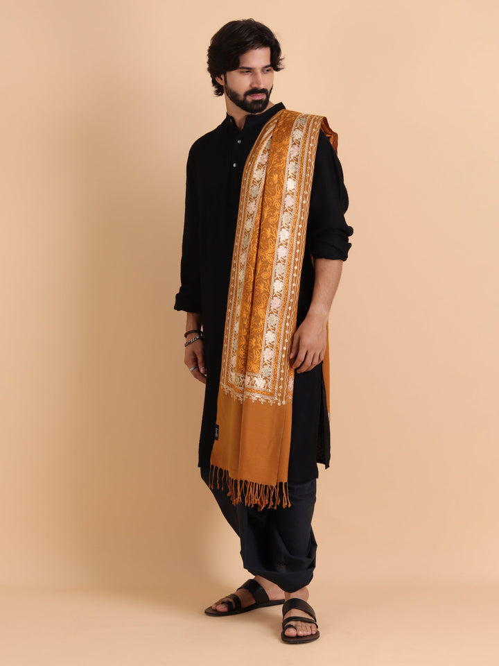 Tweedle Men's Acro Wool Kashmiri Embroidery Stole, Mustard, Size - 28 x 80 inches