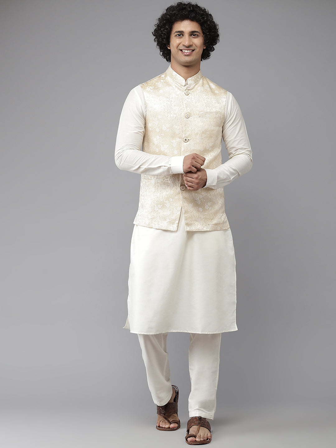 Men Gold & White Woven Jacquard Nehru jacket