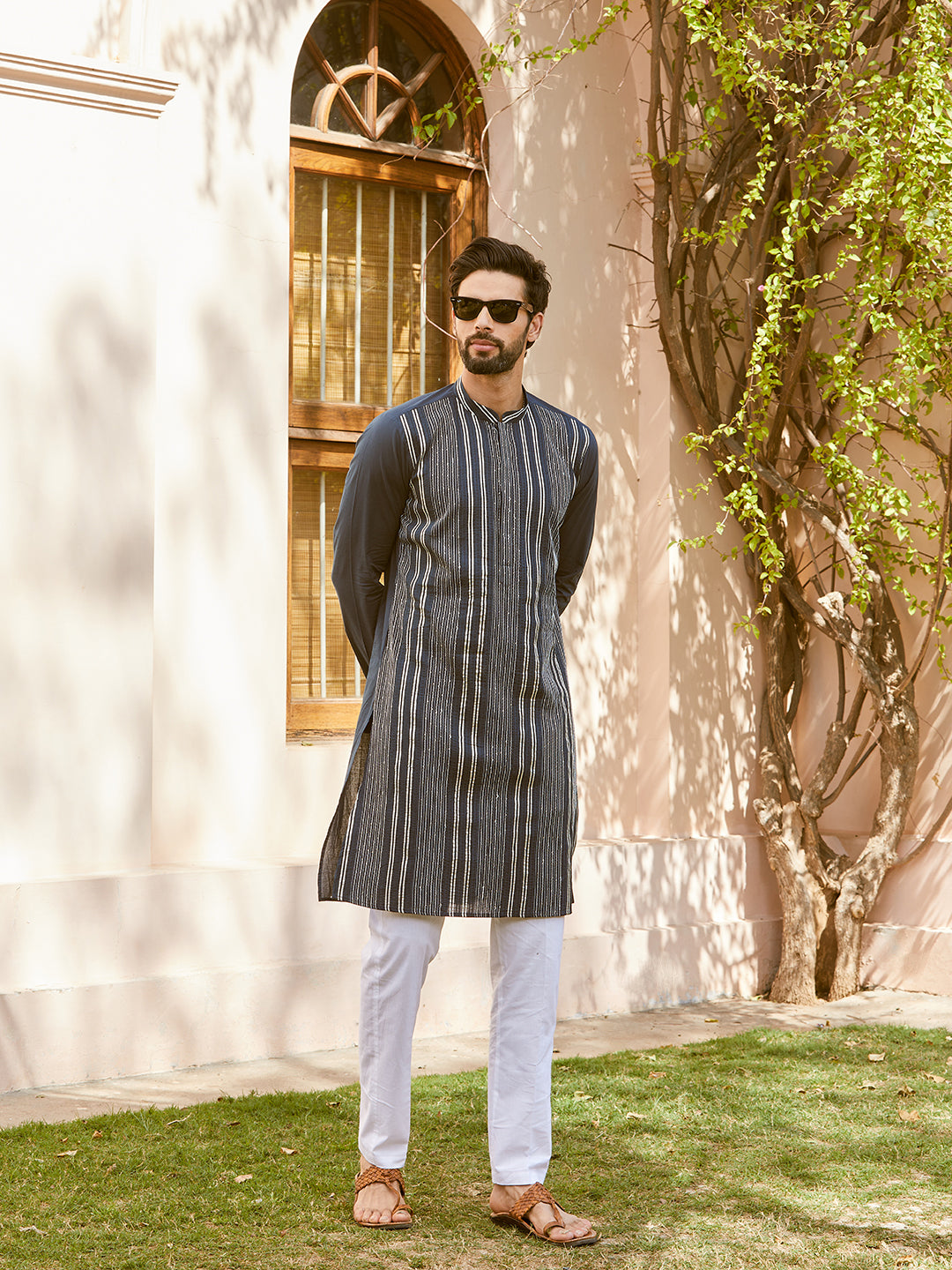 Gota Strips and Sequins Embroidered Pure Cotton Straight Kurta with Pyjama