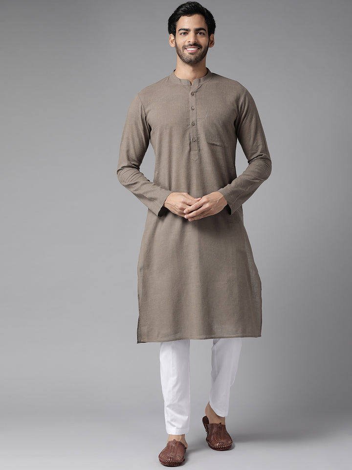 Men Brown Cotton Straight Kurta With Slub Effect