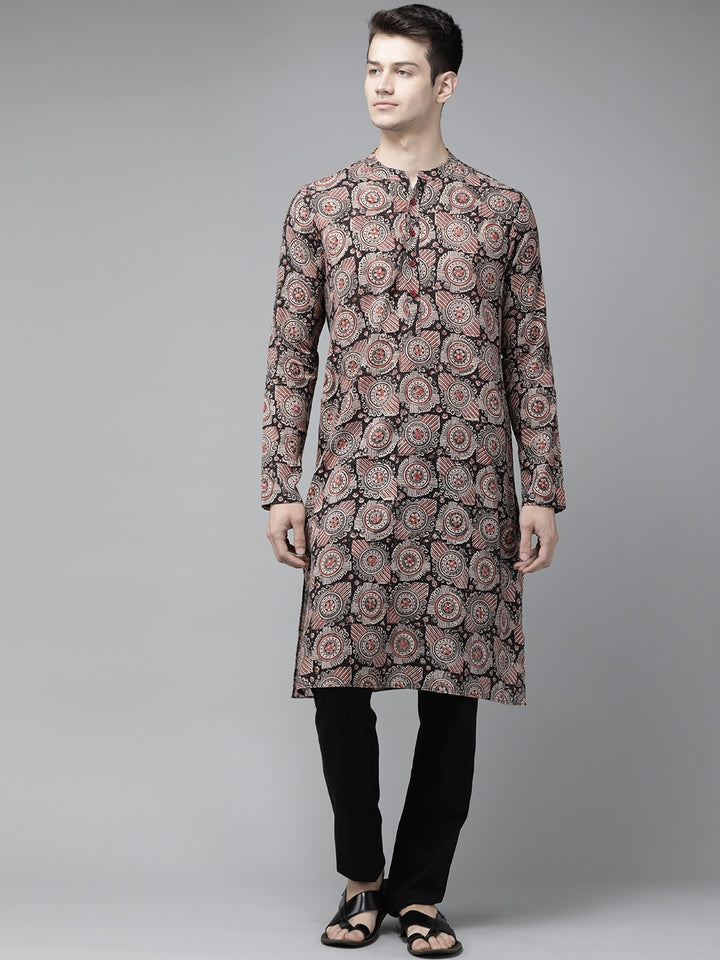 Men Beige And Black Kalamkari Block Printed Straight Sustainable Kurta