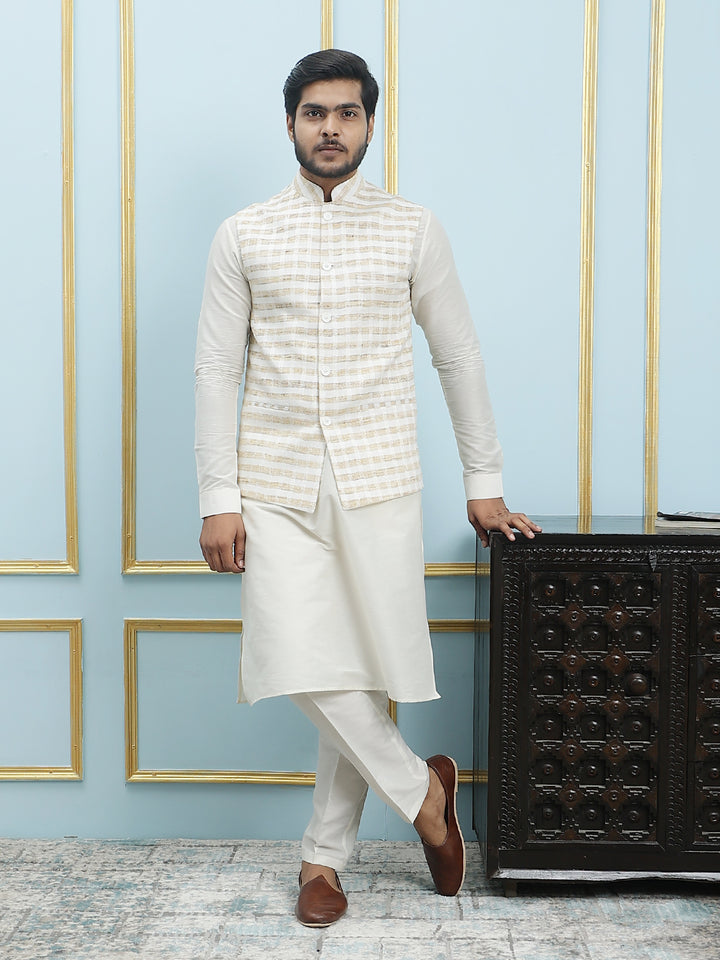 Pure Silk Straight Kurta & Pyjama Set with Handwoven Nehru Jacket
