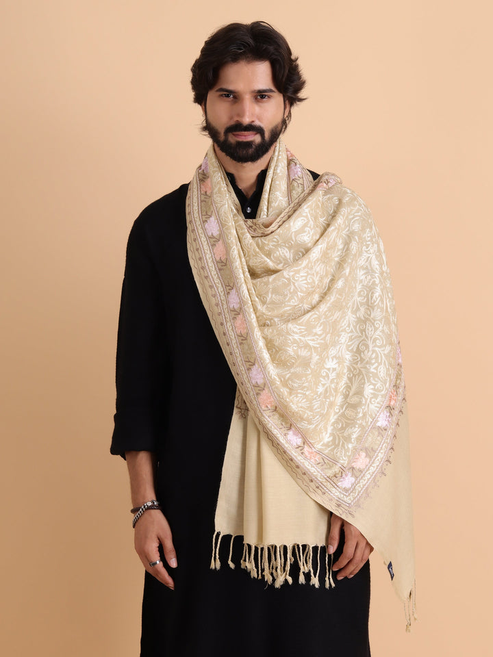 Tweedle Men's Acro Wool Kashmiri Embroidery Stole, Beige, Size - 28 x 80 inches