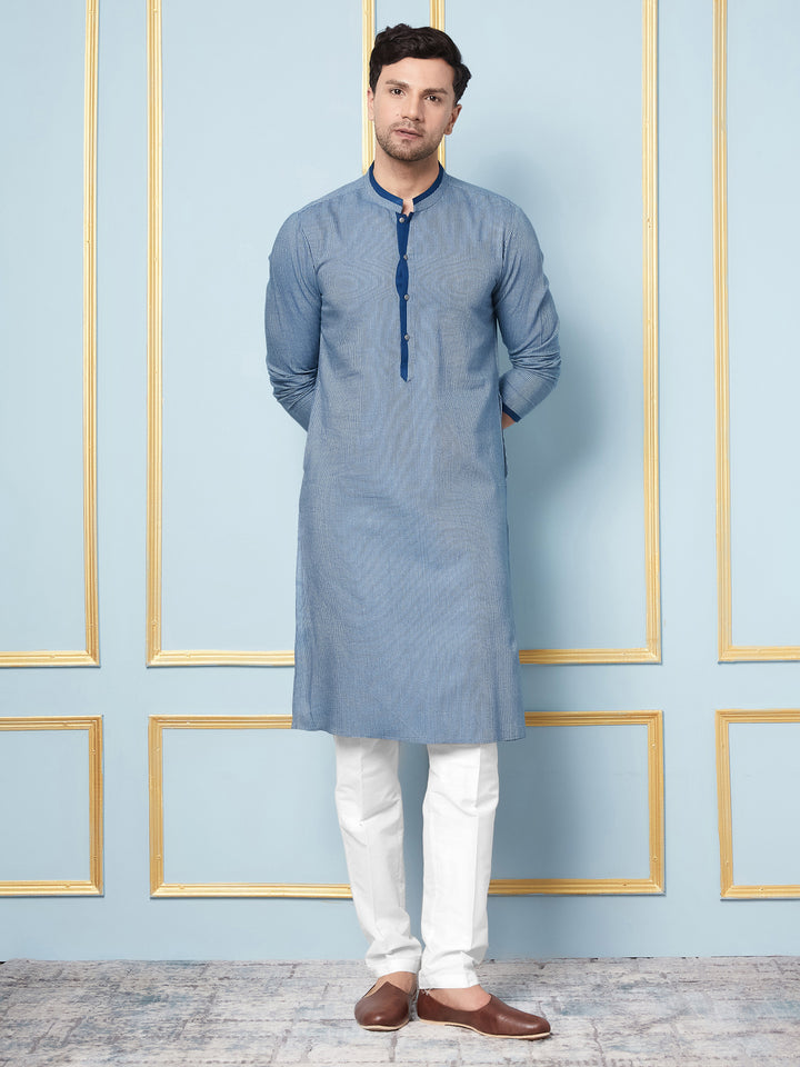 Blue Woven Striped Straight Kurta With Pyjama
