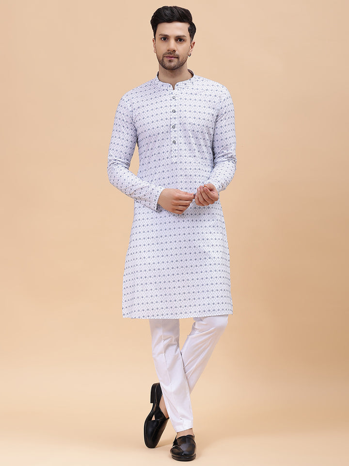 Men White & Blue Pure Cotton Embroidered Straight Kurta