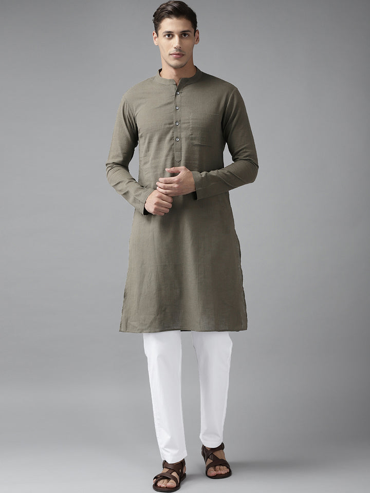 Men Khaki Cotton Slub Straight Kurta With Pyjama