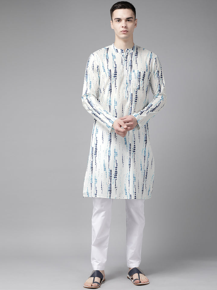 Men White Multi Tie and dye Print Design Straight Kurta With Pajama