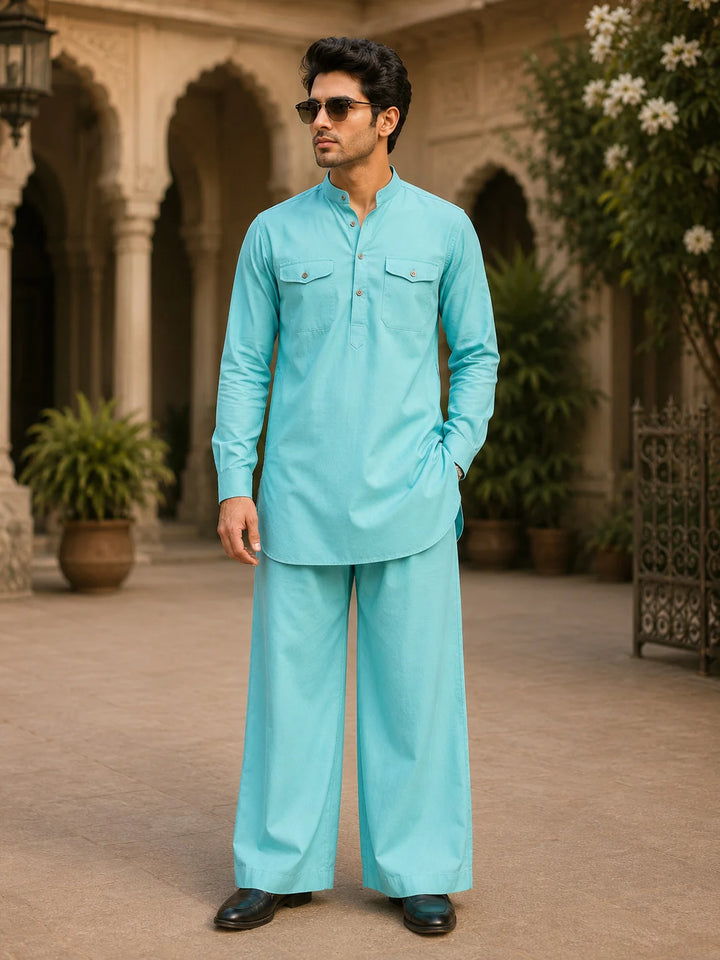 Men's Light Blue Rayon Solid Pathani Set