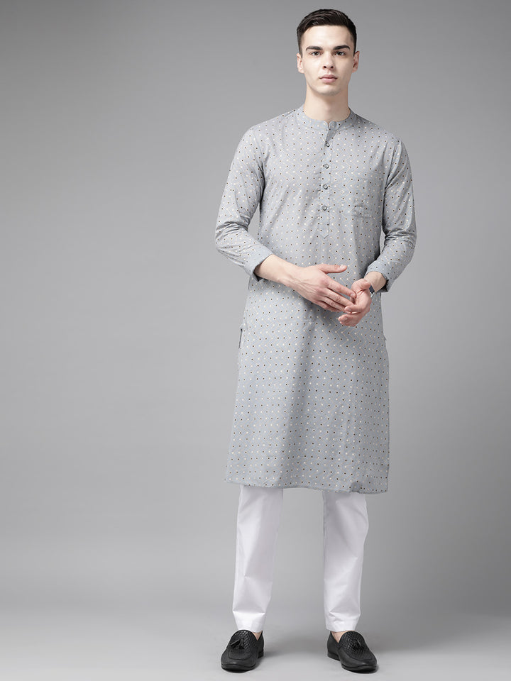 Men Grey & Gold Printed Straight Kurta