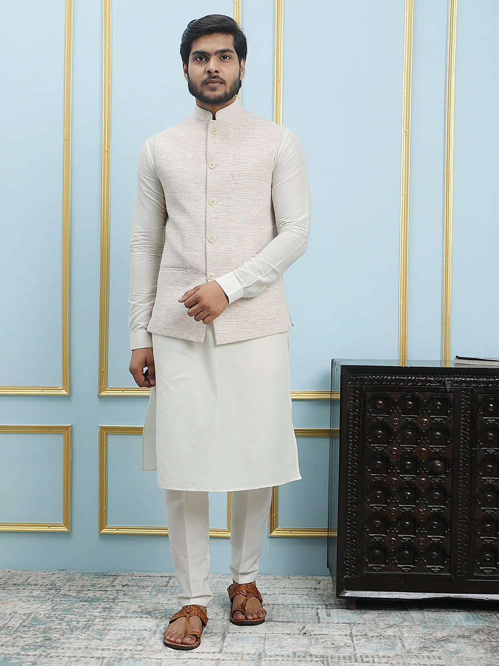 Solid Handwoven Pure Cotton Nehru Jacket – Cream