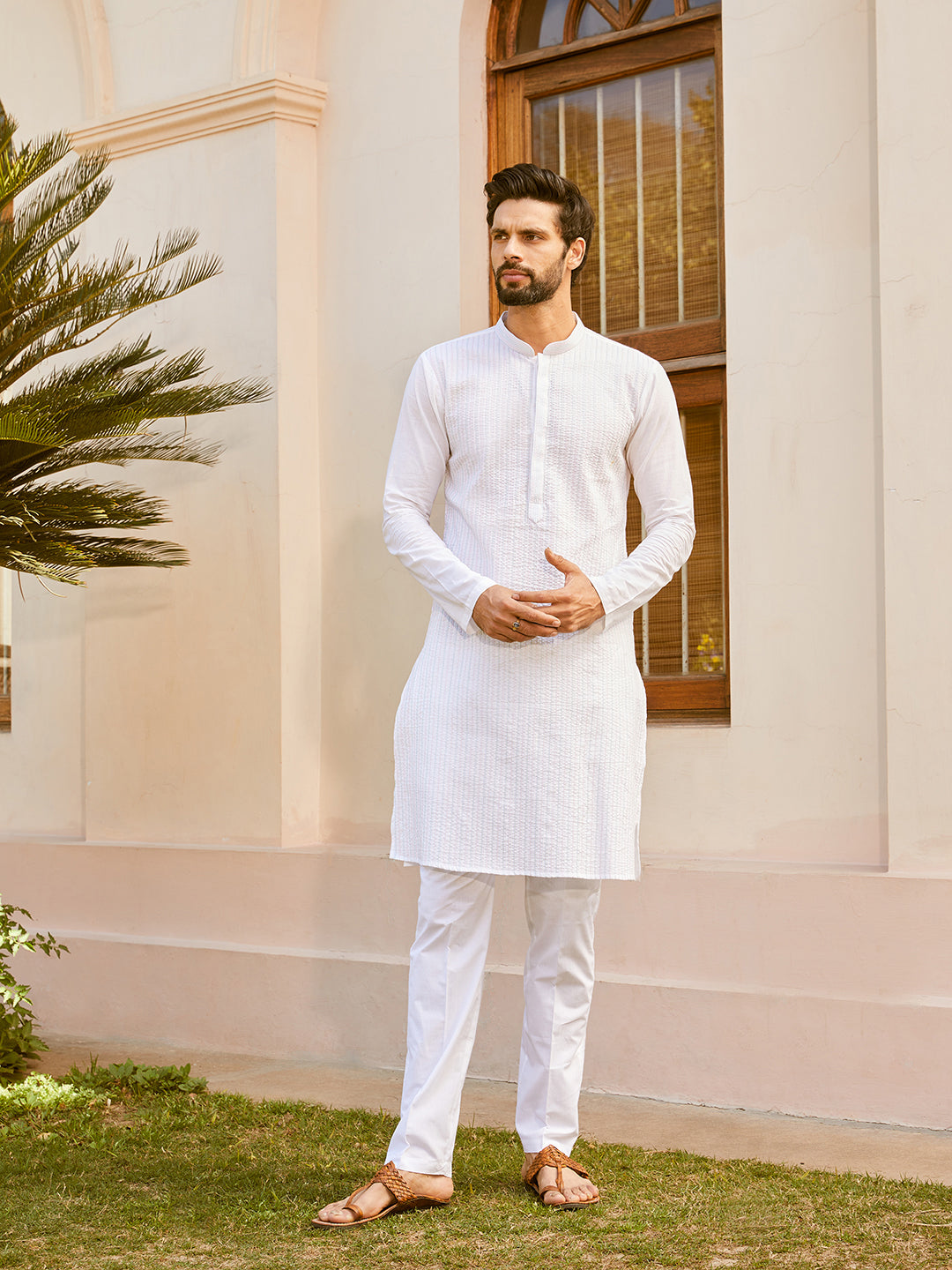 Pintuck with Thread work Pure Cotton Straight Kurta with Pyjama