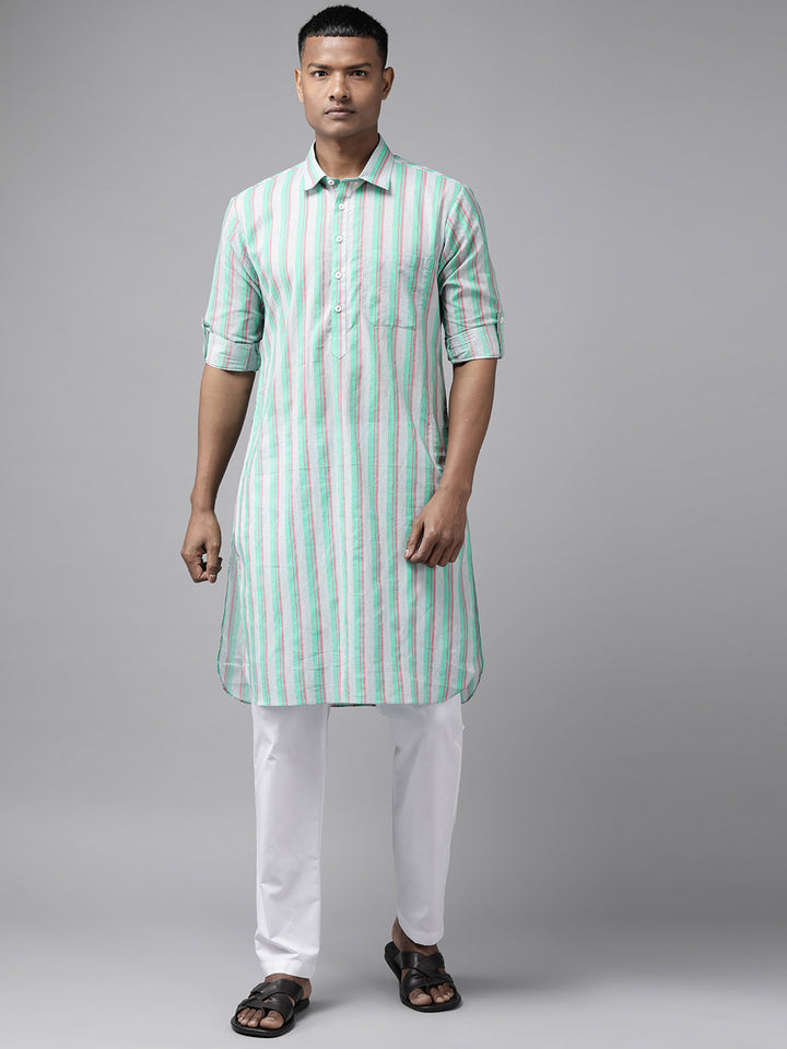 Men Green Regular Pure Cotton Pathani Kurta with white Salwar