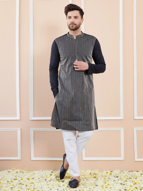 Black Sequins and Thread Worked Cotton Straight Kurta with Pyjama – Black