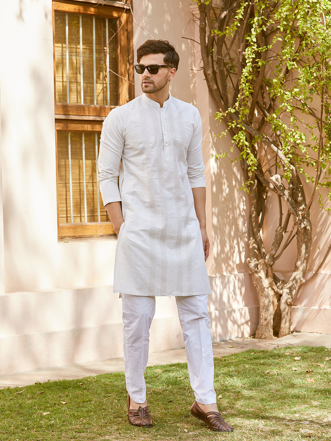 Pintuck Cotton Silk Straight Kurta with Pyjama