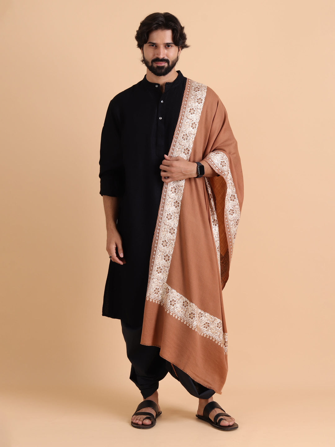 Tweedle Fine Wool Aari Embroidery Stole / Scarf for Men, Border Design with Stone Work - Beige