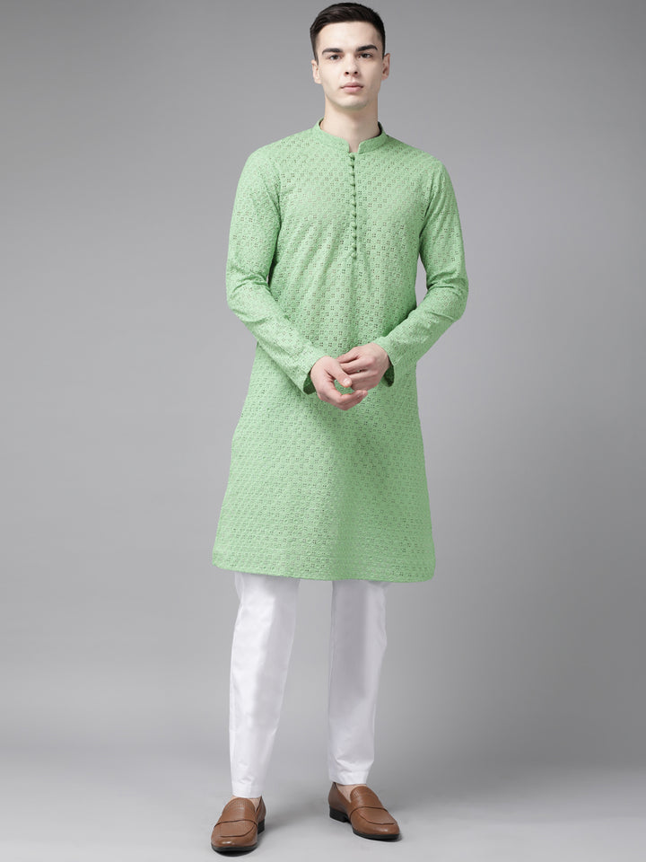 Men Green Pure Cotton Chikankari Embroidered Straight Kurta