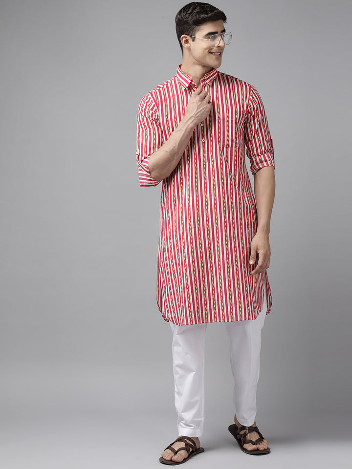 Men Fuchsia Pink Regular Pure Cotton Pathani Kurta with white Salwar