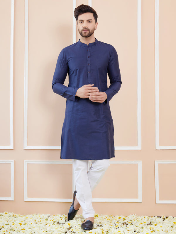Blue Cotton Solid Straight Kurta with Pyjama – Blue