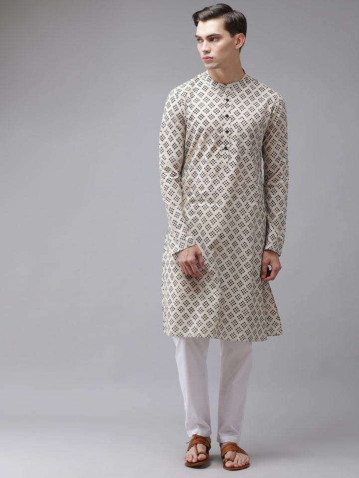 Men Beige And Black Hand Block Print Sustainable Straight With Kurta Pyjama