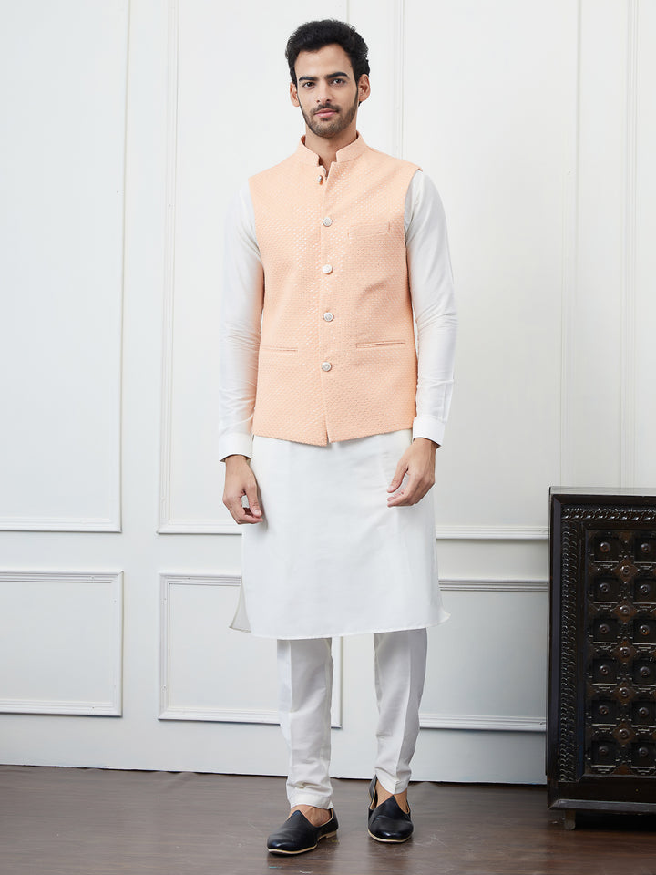 Pure Cotton Straight Kurta & Pyjama with Sequins Embroidered Nehru Jacket