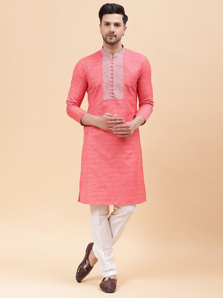 Men Pink & White Silk Woven Design Straight Kurta