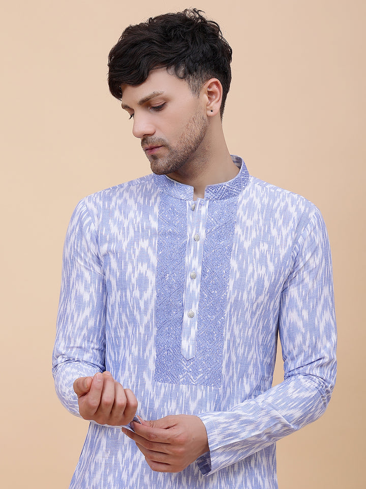 Printed Ikat Pure Cotton Straight Kurta with Embroidered Neck Design