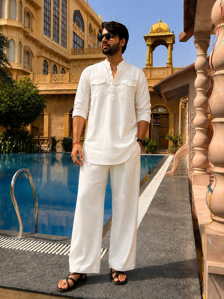 Men's White Rayon Solid Pathani Set