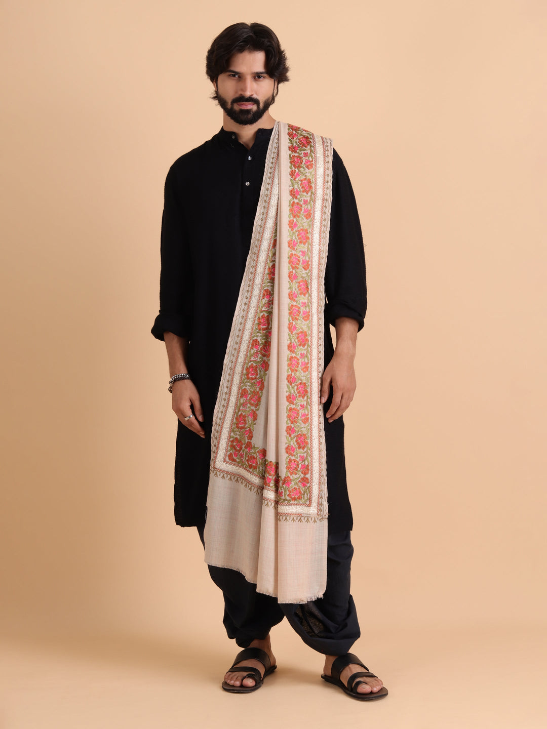 Tweedle Fine Wool Kashmiri Embroidery Stole / Scarf for Men, Off-White (Size-28x80)