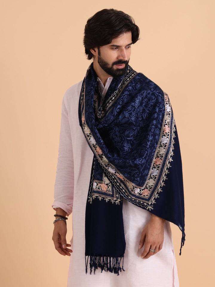 Tweedle Men's Acro Wool Kashmiri Embroidery Stole, Navy Blue, Size - 28 x 80 inches