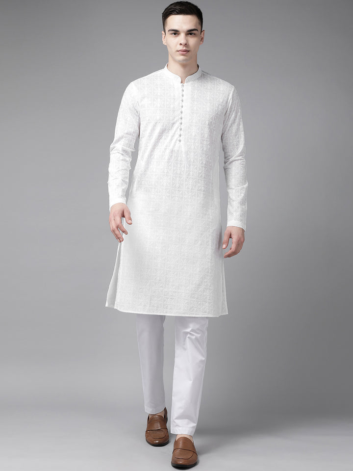 Men White Pure Cotton Chikankari Embroidered Straight Kurta
