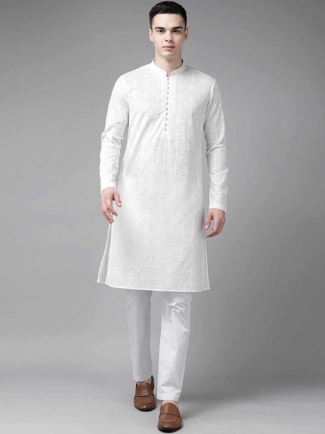 Men White Pure Cotton Chikankari Embroidered Straight Kurta