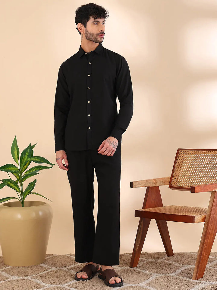 Men Linen Solid Co-ord Set