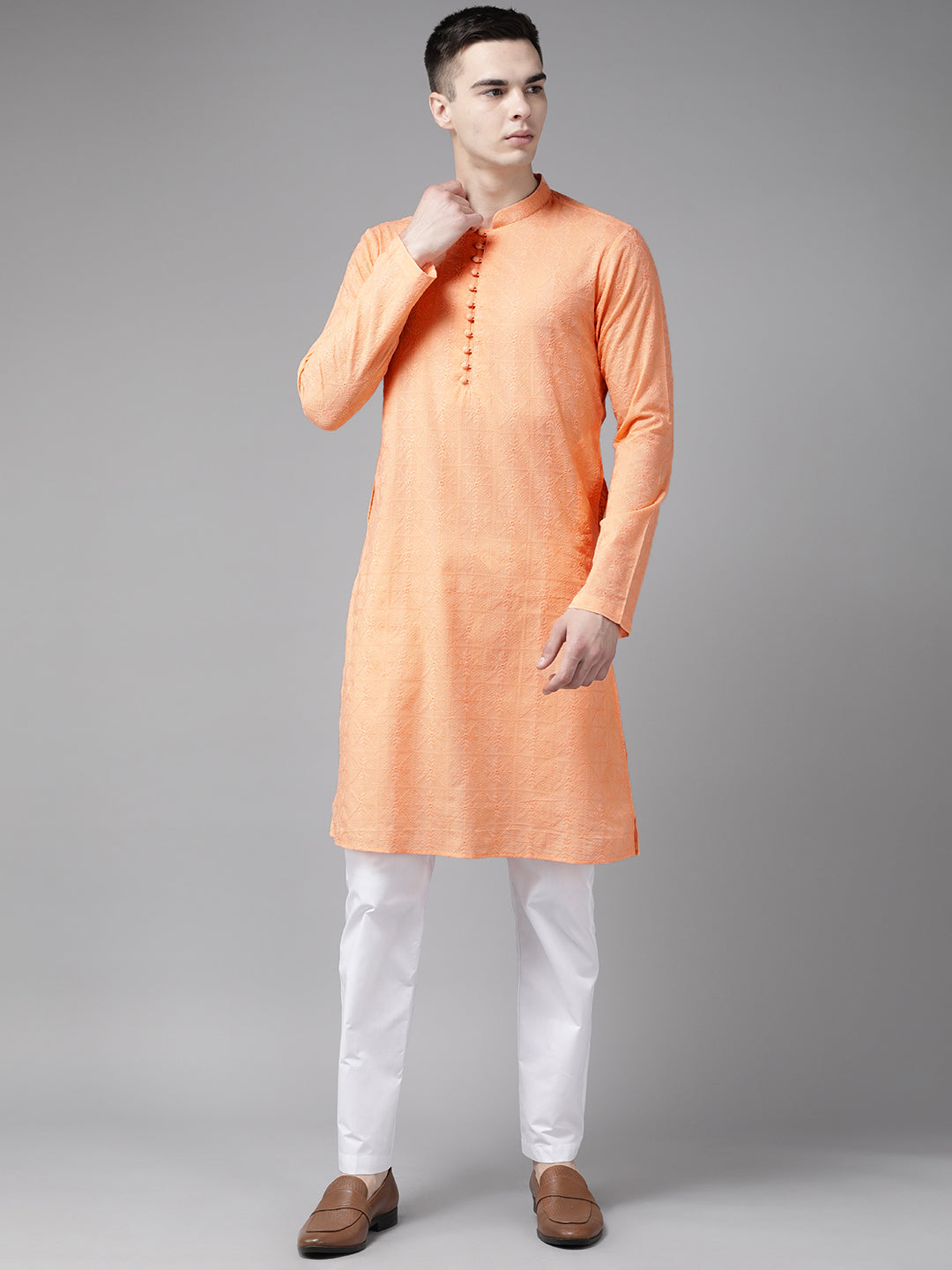 Men Peach Pure Cotton Chikankari Embroidered Straight Kurta With Pajama