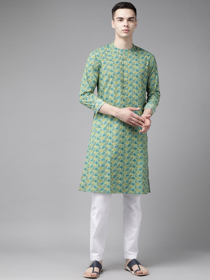 Multi Green Pure Cotton Straight Kurta With Pyjama