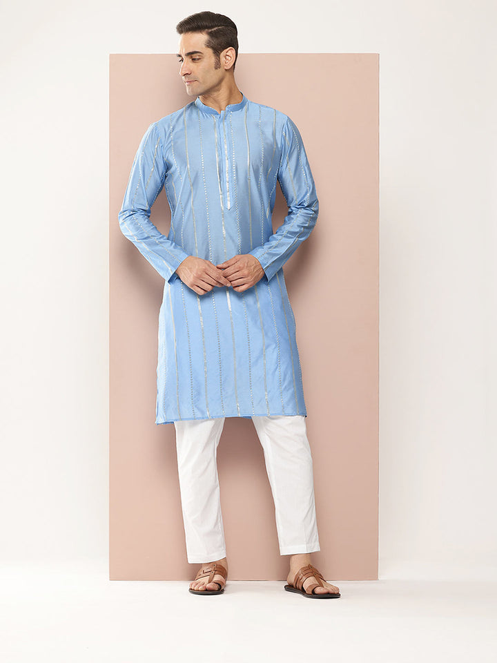 Men's Turquoise Blue Sequins Embroidered Chanderi Silk Straight Kurta
