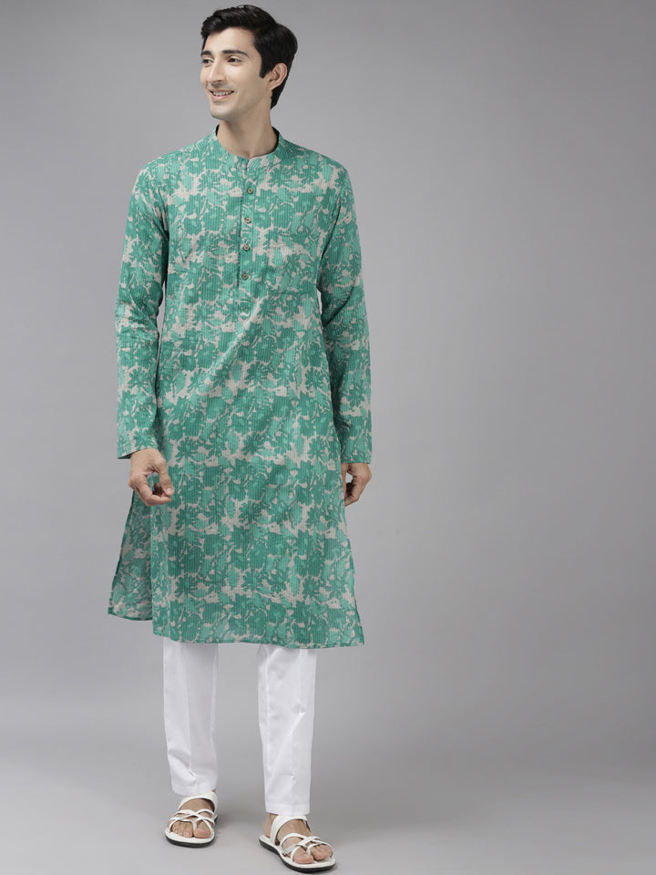 Men Green And Beige Printed Pure Cotton Straight Kurta