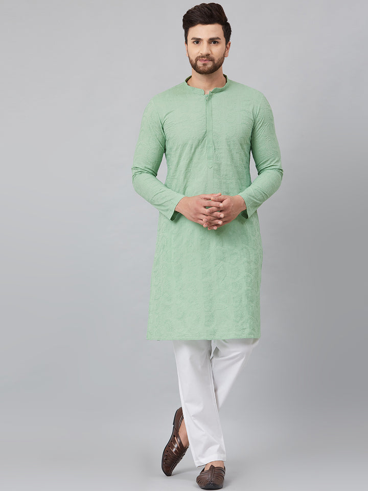 Men Green Chikankari Embroidered Woven Design Straight Kurta