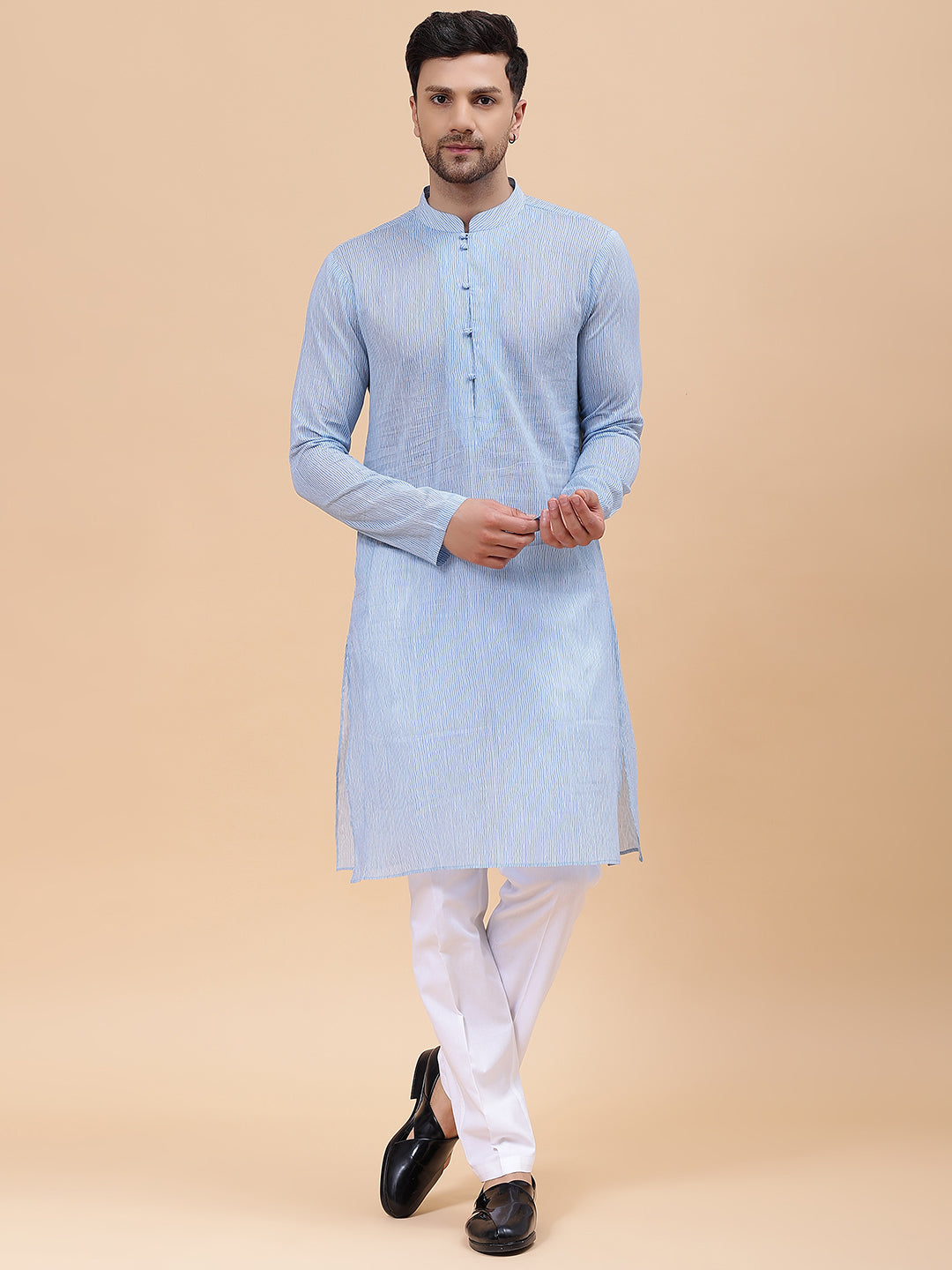 Men Sky Blue & White Printed Pure Cotton Straight Kurta