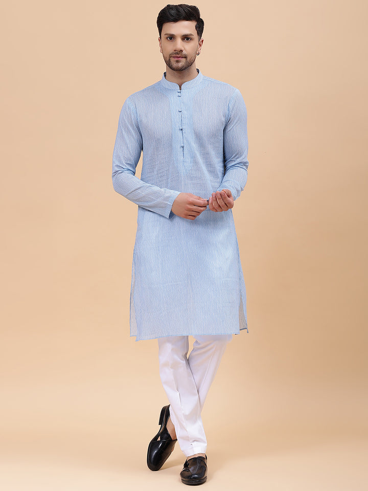 Men Sky Blue & White Printed Pure Cotton Straight Kurta