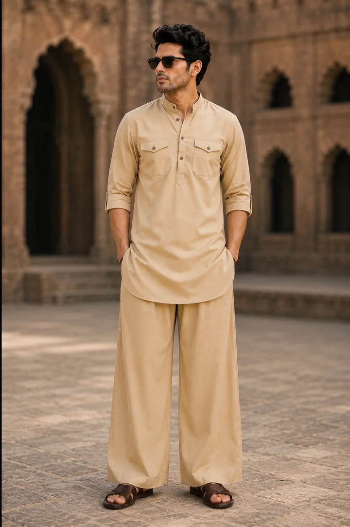 Men's Beige Rayon Solid Pathani Set