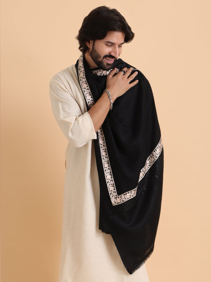 Tweedle Fine Wool Embroidered Stole/Scarf for Men -Black, Medium Size -28x80