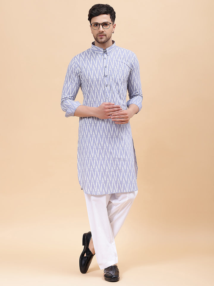 Men Grey & White Pure Cotton Printed Straight Kurta