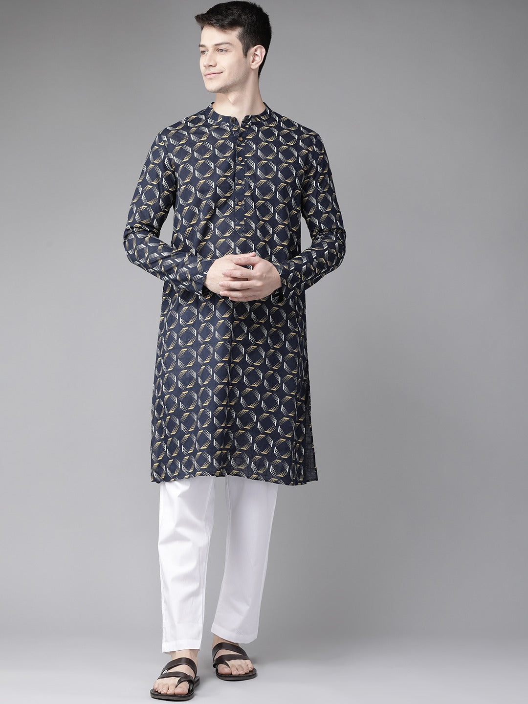 Men Navy Blue & Gold Printed Straight Kurta