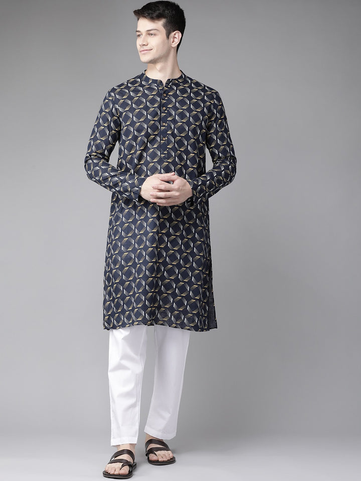 Men Navy Blue & Gold Printed Straight Kurta
