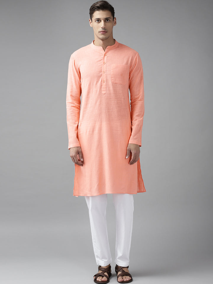 Men Peach Cotton Slub Straight Kurta with Pyjama