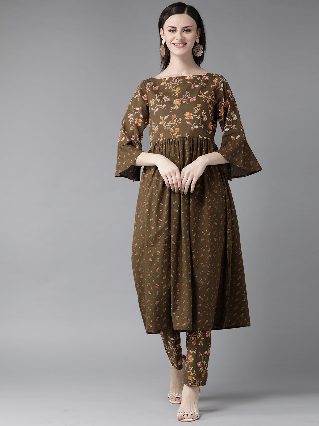 Olive Floral Printed A-Line Kurta With Pant Set